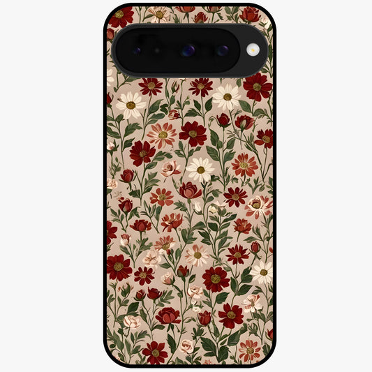 Biege Flower With Leaf Glass Case showing flat back view with soft beige floral artwork and glossy glass finish.