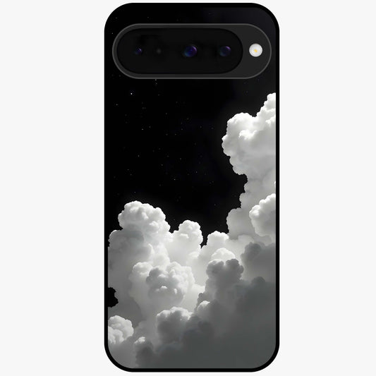 Black Background With White Cloud Glass Case showing flat back view with minimal cloud artwork on dark background and glossy glass finish.