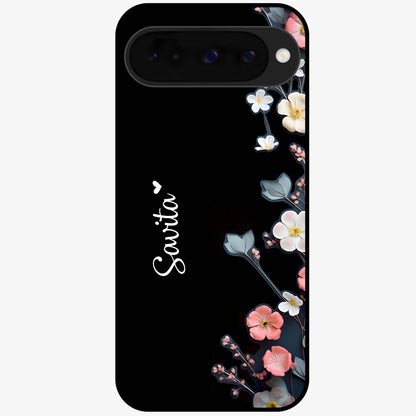 Black Elegance Floral Custom Name Glass Case showing flat back view with elegant floral artwork and personalized name design.