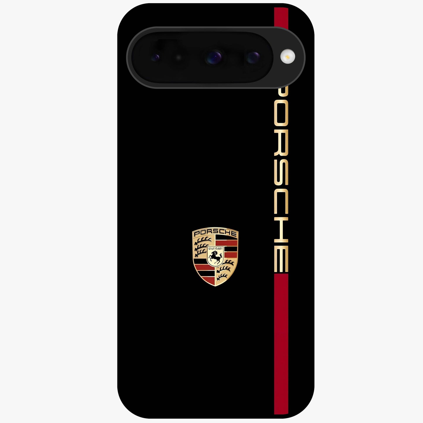 Black Minimal Porsche Glass Case showing flat back view with sleek minimal sports car artwork and glossy glass finish.