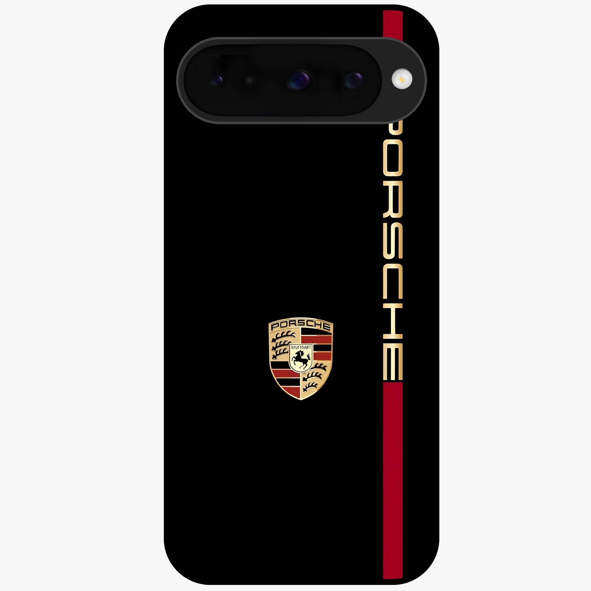 Black Minimal Porsche Glass Case showing flat back view with sleek minimal sports car artwork and glossy glass finish.