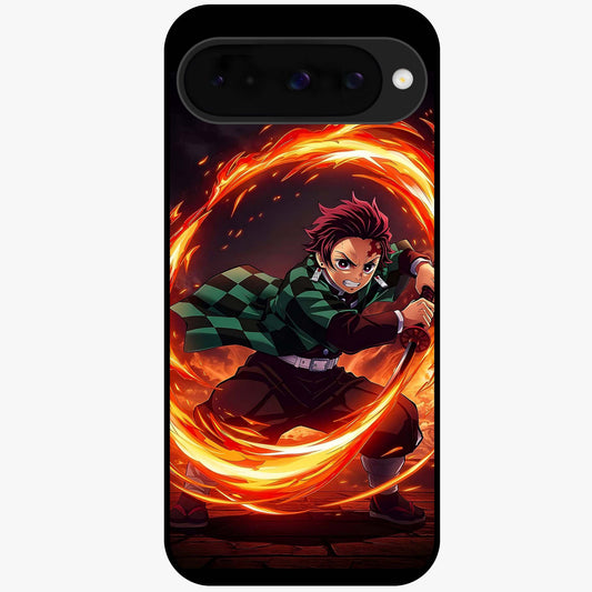 Blazing Sword Resolve Glass Case showing flat back view with fiery sword artwork and glossy glass finish.
