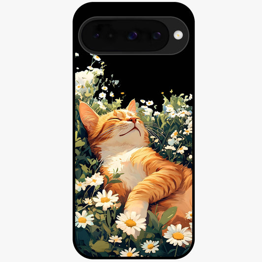 Blissful Bloom Cat Glass Case showing flat back view with cute cat and floral bloom artwork and glossy glass finish.