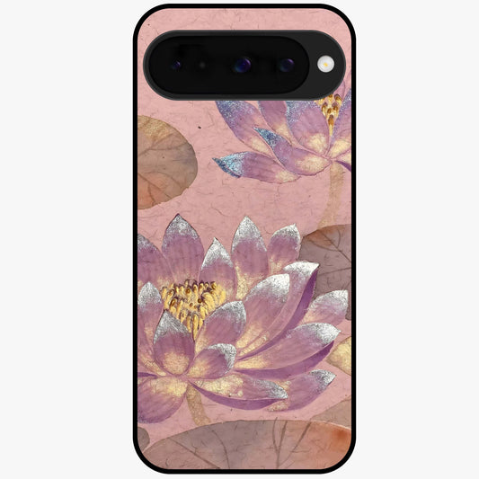 Blossom Mist Lotus Glass Case showing flat back view with serene lotus blossom artwork and glossy glass finish.