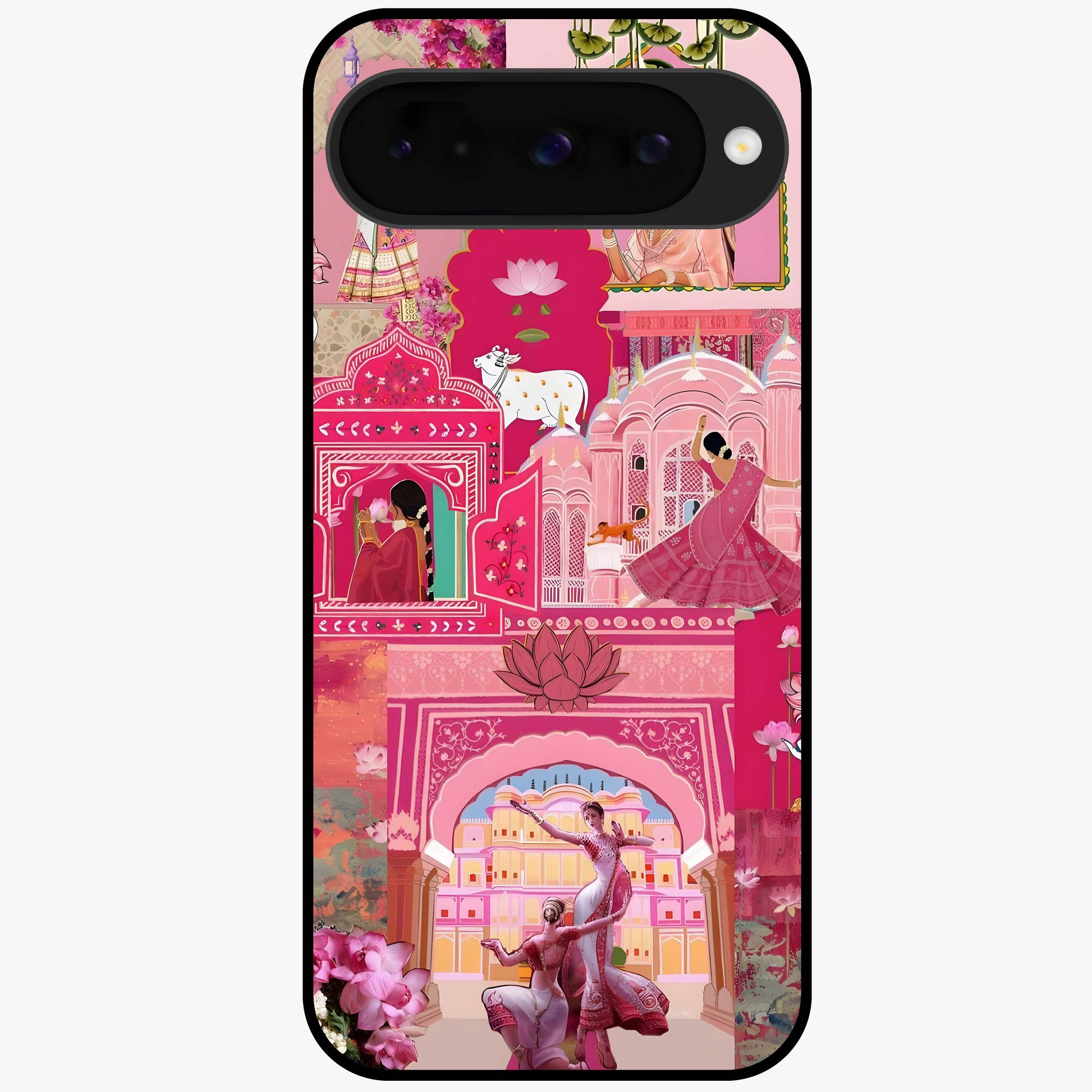 Blossoms of Rajasthan Glass Case showing flat back view with traditional floral artwork inspired by Rajasthan and glossy glass finish.