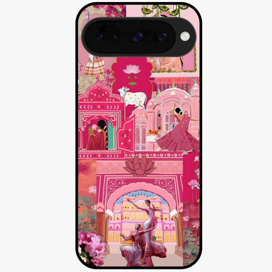 Blossoms of Rajasthan Glass Case showing flat back view with traditional floral artwork inspired by Rajasthan and glossy glass finish.