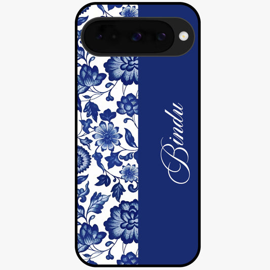 Blue Vintage Floral Pattern Glass Case upright view showcasing timeless floral illustration with vintage inspired style.
