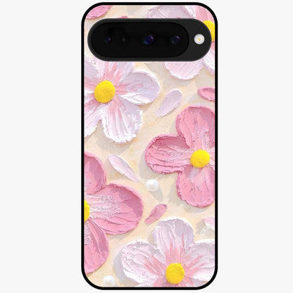 Blush Bloom Texture Glass Case showing flat back view with soft blush floral texture artwork and glossy glass finish.