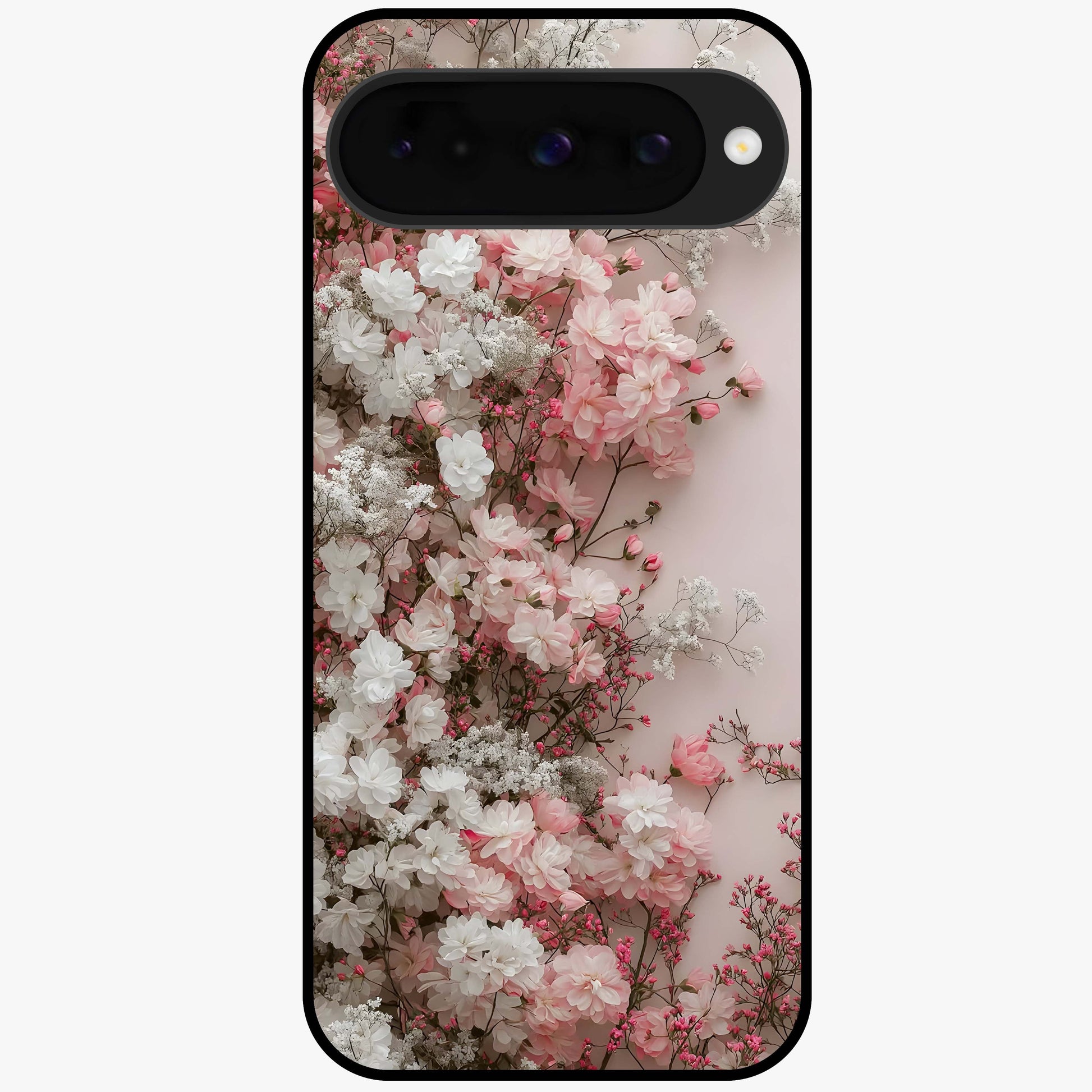 Blush Blossom Cloud Glass Case showing flat back view with dreamy blush cloud blossom artwork and glossy glass finish.
