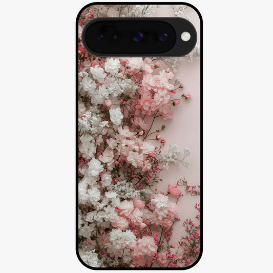 Blush Blossom Cloud Glass Case showing flat back view with dreamy blush cloud blossom artwork and glossy glass finish.