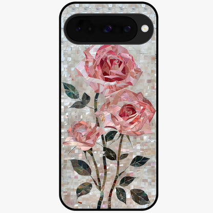 Blush Mosaic Bloom Glass Case showing flat back view with mosaic floral bloom artwork and glossy glass finish.