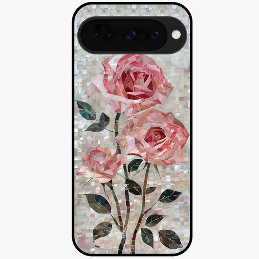 Blush Mosaic Bloom Glass Case showing flat back view with mosaic floral bloom artwork and glossy glass finish.