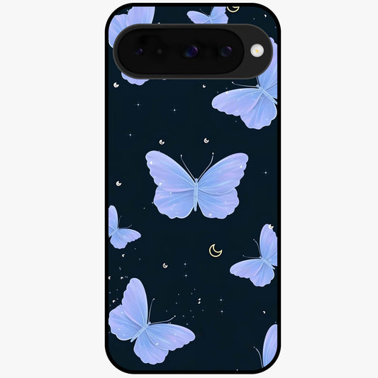 Butterfly With Stars Pattern Glass Case showing flat back view with butterfly and star pattern artwork and glossy glass finish.