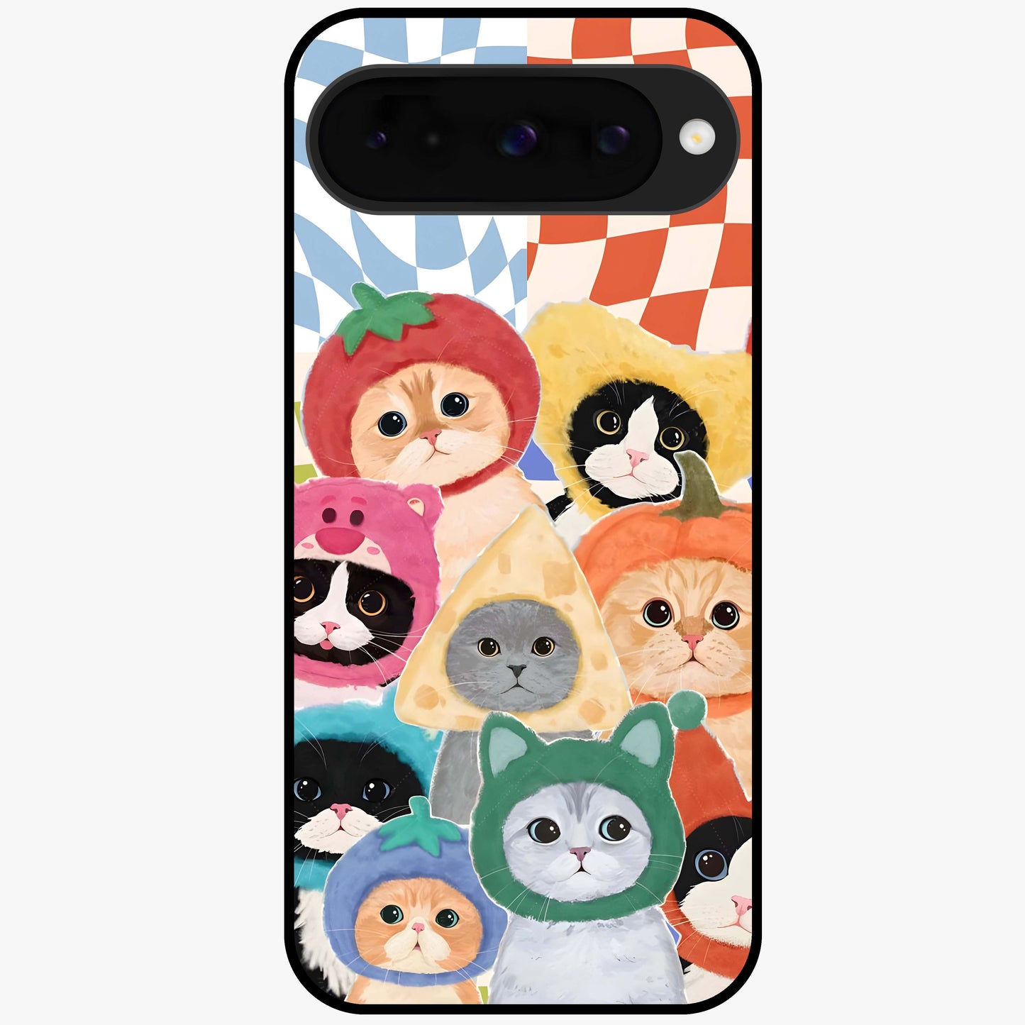 Cats in Fruits Glass Case showing flat back view with playful cat illustrations inside fruit artwork and glossy glass finish.