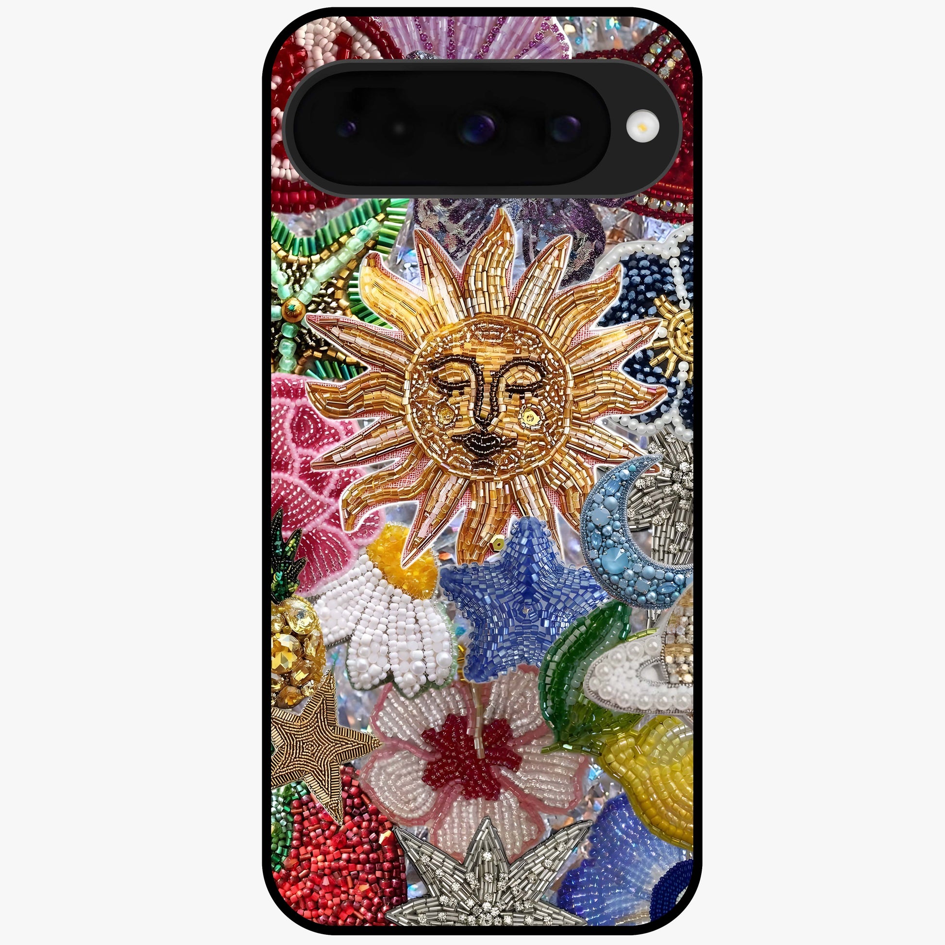 Celestial Floral and Playful Glass Case showing flat back view with floral and celestial themed artwork and glossy glass finish.