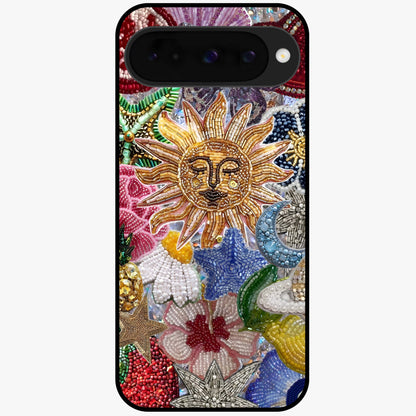 Celestial Floral and Playful Glass Case showing flat back view with floral and celestial themed artwork and glossy glass finish.