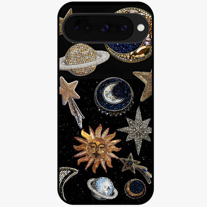 Celestial Gem Constellations Glass Case showing flat back view with sparkling constellation artwork and glossy glass finish.