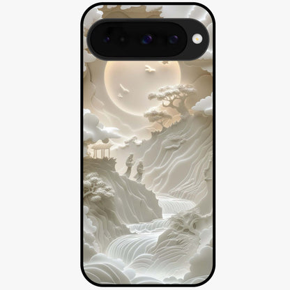 Celestial Origami Glass Case showing flat back view with artistic origami inspired celestial artwork and glossy glass finish.