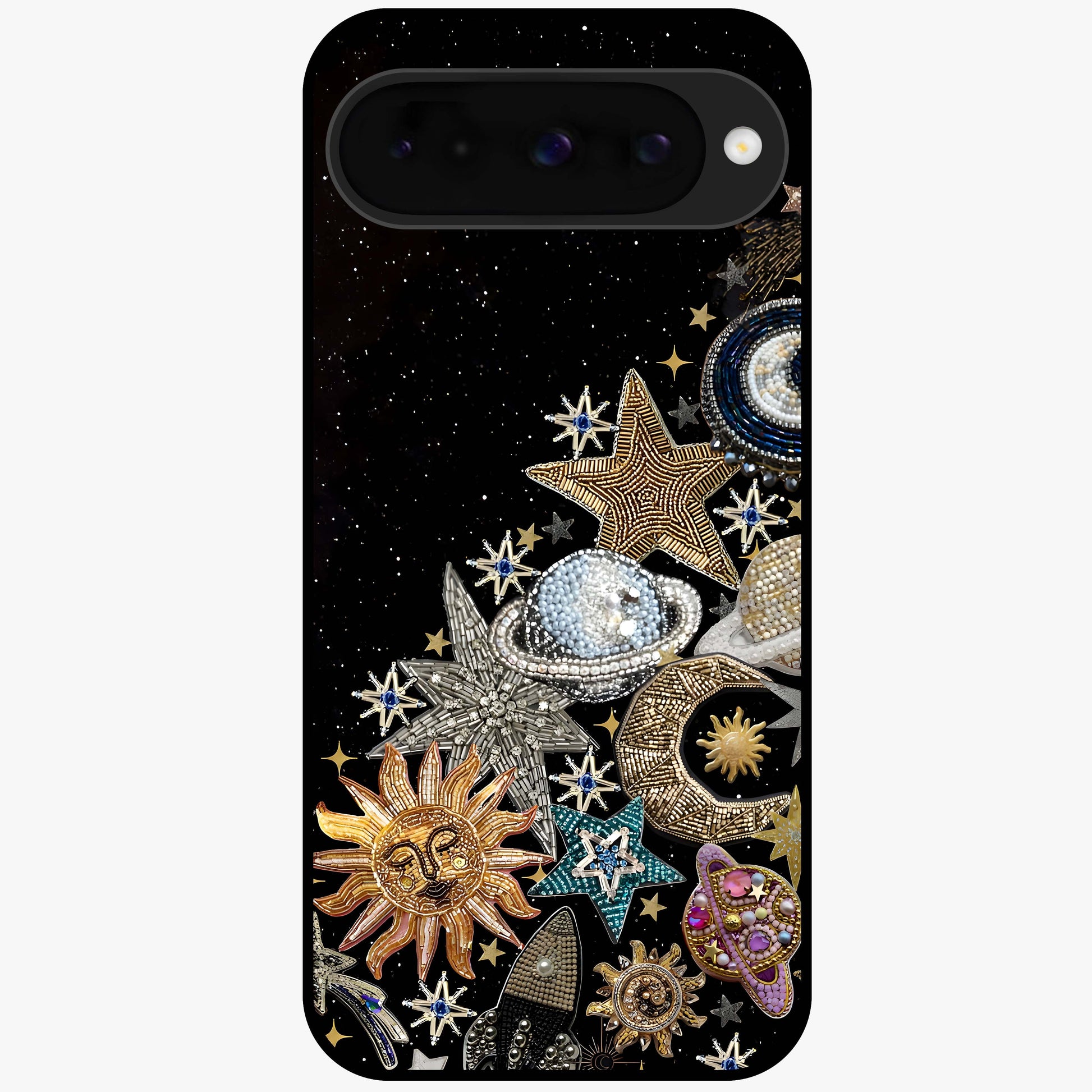 Cosmic Sparkle Dreams Glass Case showing flat back view with sparkling cosmic artwork and glossy glass finish.