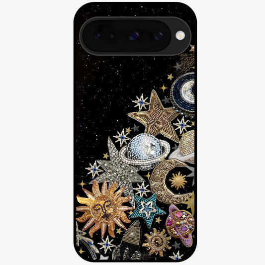 Cosmic Sparkle Dreams Glass Case showing flat back view with sparkling cosmic artwork and glossy glass finish.
