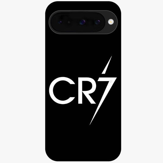 Cr7 Elite Strike Glass Case showing flat back view with dynamic football inspired artwork and glossy glass finish.