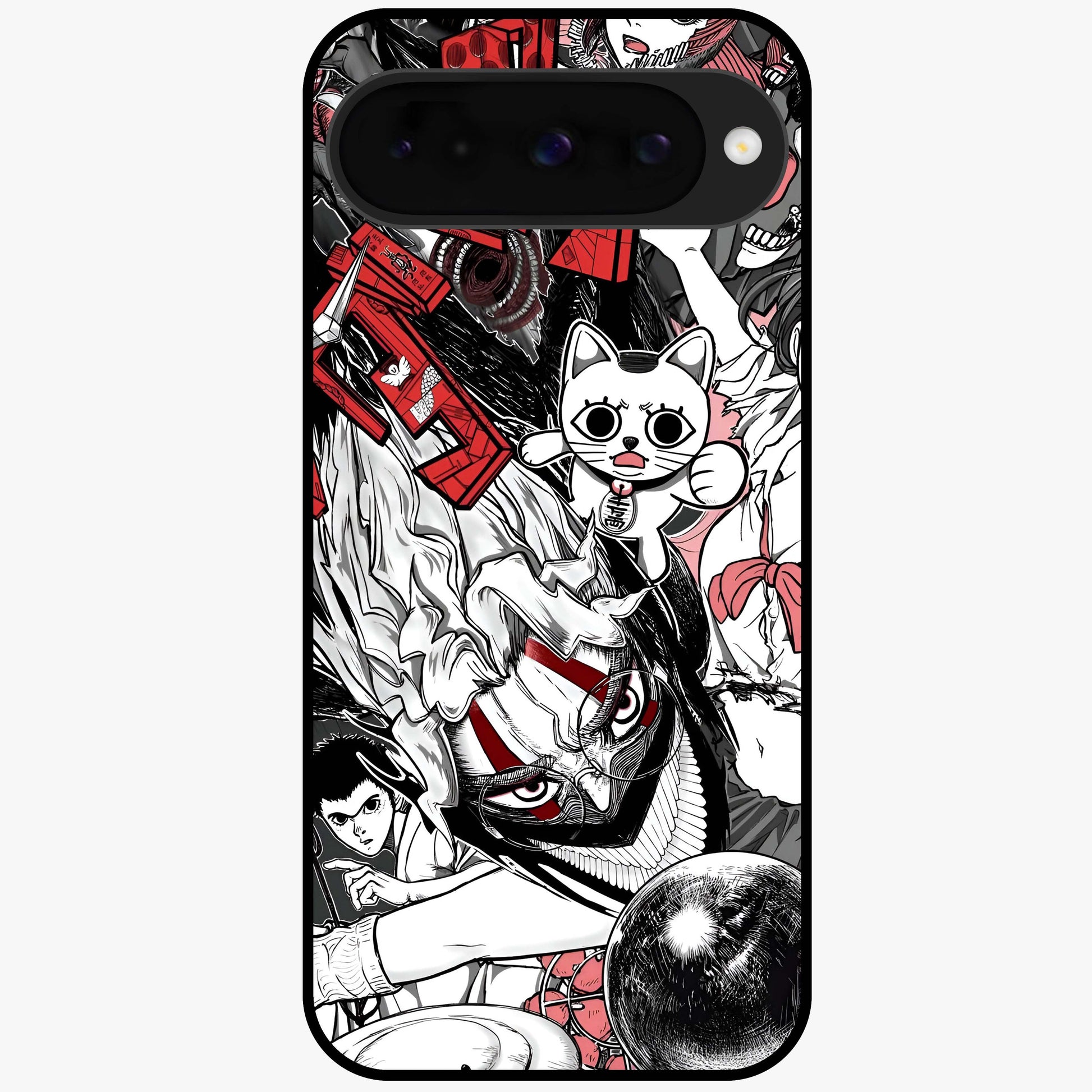 Crimson Chaos Panel Glass Case showing flat back view with bold crimson abstract artwork and glossy glass finish.