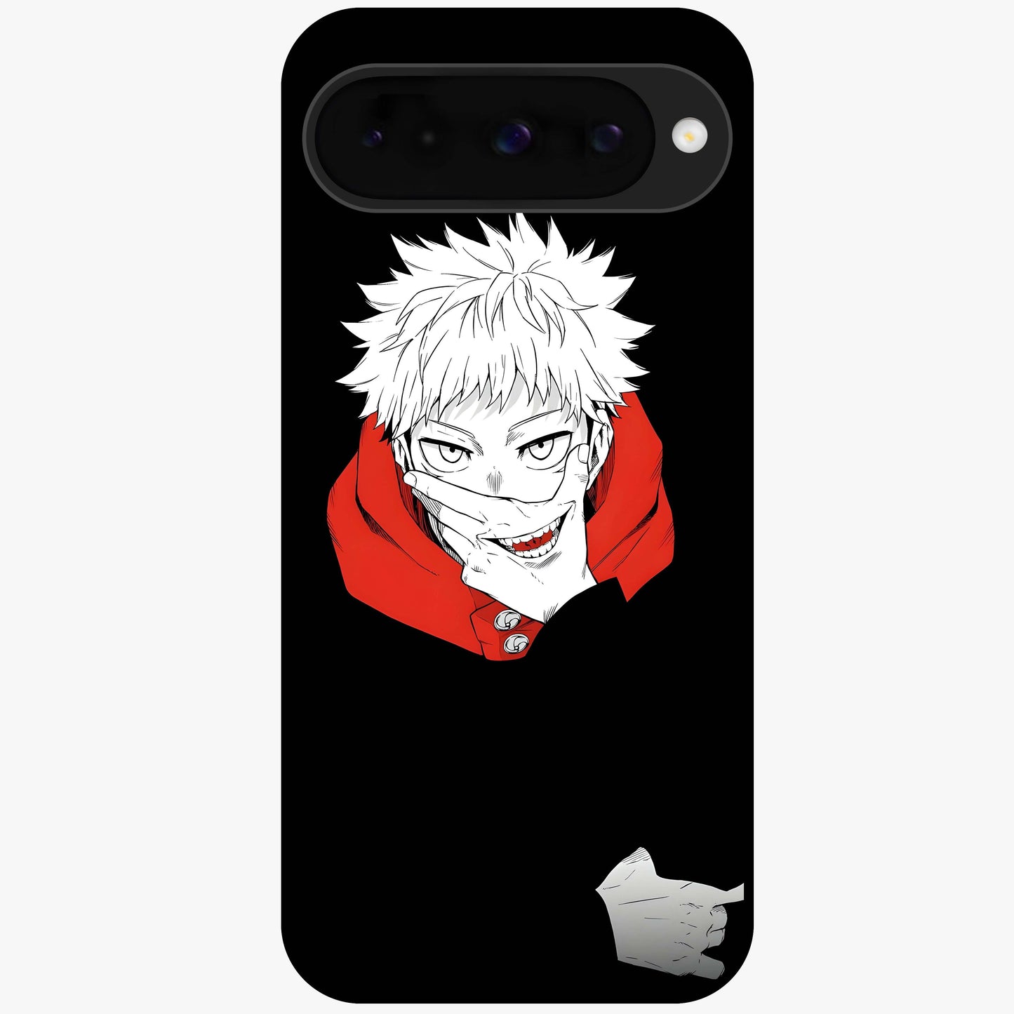 Crimson Chaos Smile Glass Case showing flat back view with bold chaotic smile artwork and glossy glass finish.