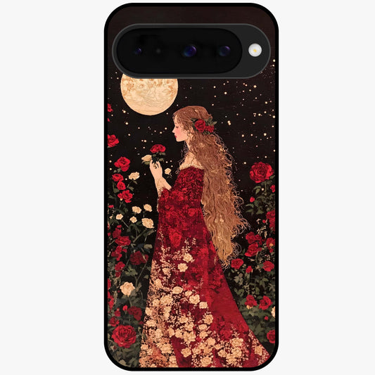 Crimson Dreams Glass Case showing flat back view with dreamy crimson artwork and glossy glass finish.