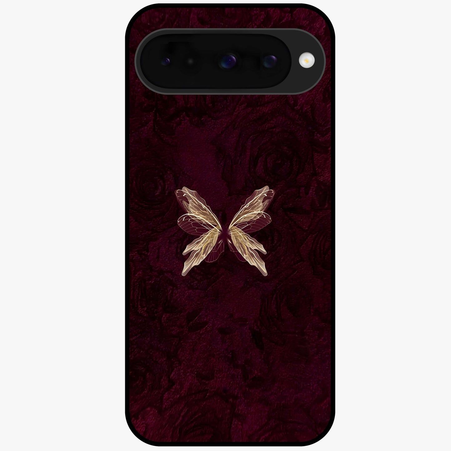 Crimson Fade Butterfly Glass Case showing flat back view with fading butterfly artwork and glossy glass finish.