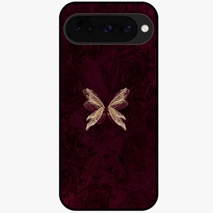 Crimson Fade Butterfly Glass Case showing flat back view with fading butterfly artwork and glossy glass finish.