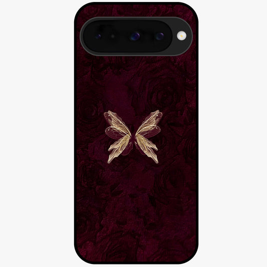 Crimson Fade Butterfly Glass Case showing flat back view with fading butterfly artwork and glossy glass finish.