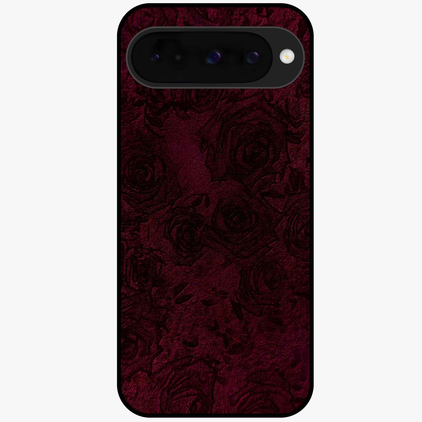 Crimson Fade Flow Glass Case showing flat back view with flowing crimson gradient artwork and glossy glass finish.