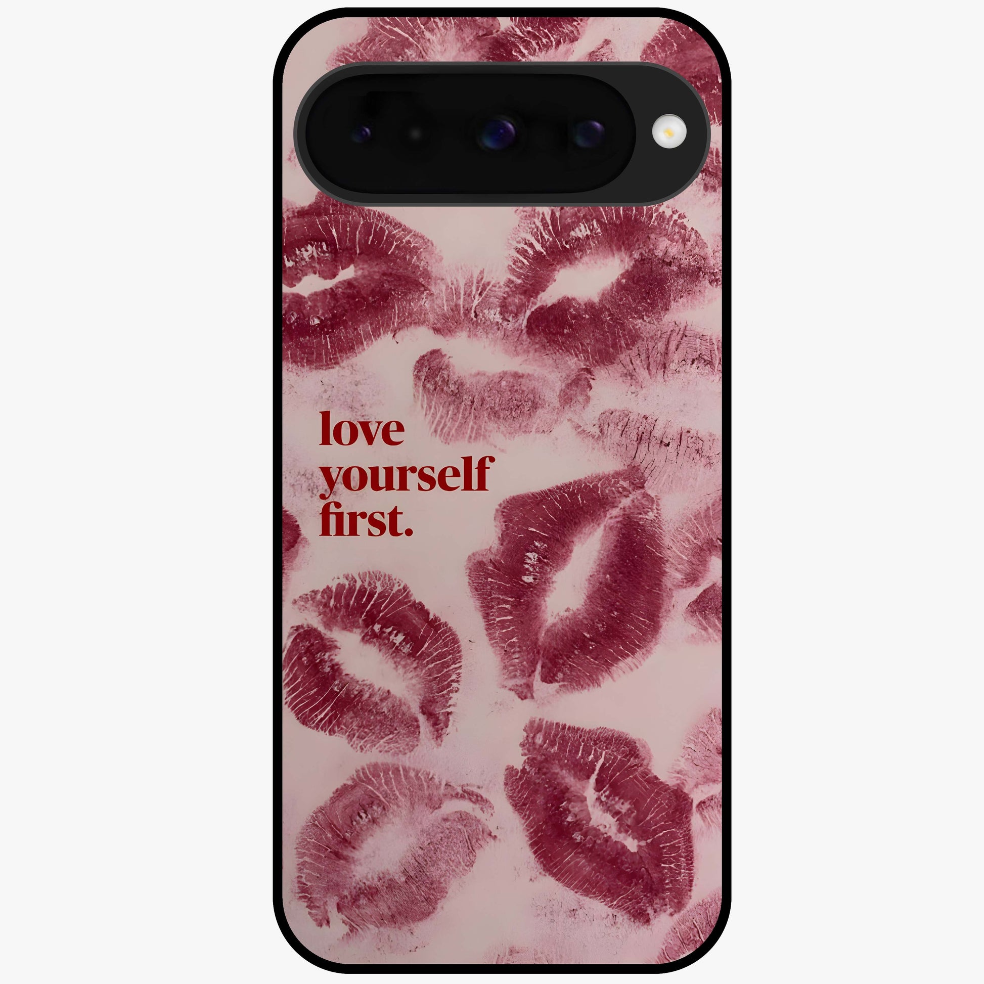 Crimson Kiss Love Glass Case showing flat back view with romantic crimson themed artwork and glossy glass finish.