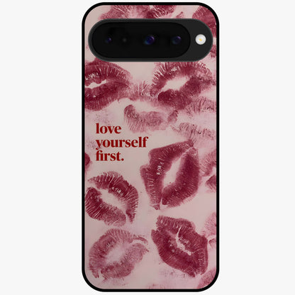 Crimson Kiss Love Glass Case showing flat back view with romantic crimson themed artwork and glossy glass finish.