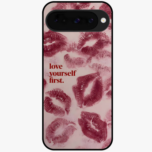 Crimson Kiss Love Glass Case showing flat back view with romantic crimson themed artwork and glossy glass finish.