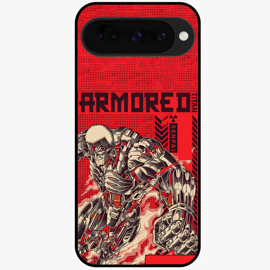 Crimson Mecha Titan Glass Case showing flat back view with powerful mech titan artwork and glossy glass finish.