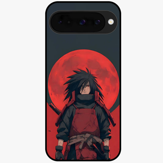 Crimson Moon Warlord Glass Case showing flat back view with mystical moon warrior artwork and glossy glass finish.