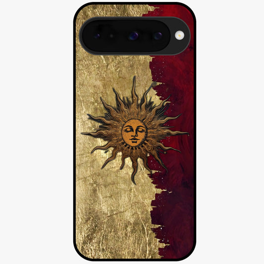 Crimson Sun Majesty Glass Case showing flat back view with radiant sun inspired artwork and glossy glass finish.