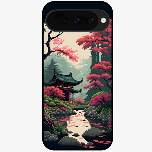 Crimson Temple View Glass Case showing flat back view with temple inspired artwork and glossy glass finish.