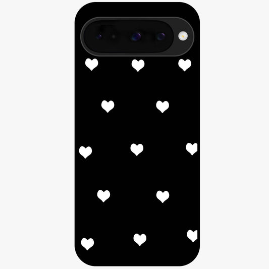 Cute And Simple White Hearts Glass Case showing flat back view with minimal white heart pattern and glossy glass finish.