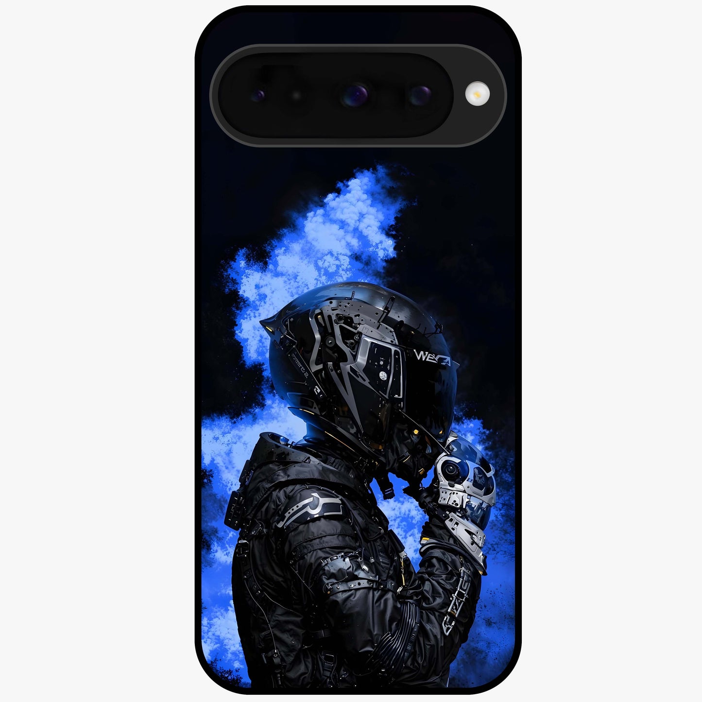 Cyber Sentinel Protocol Glass Case showing flat back view with futuristic cyber themed artwork and glossy glass finish.