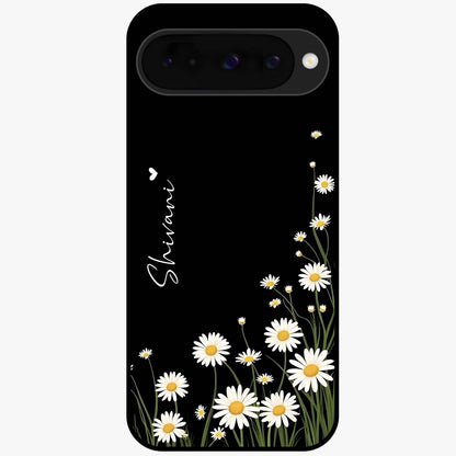 Daisy Cascade Custom Name Glass Case showing flat back view with cascading daisy flowers and personalized name design.