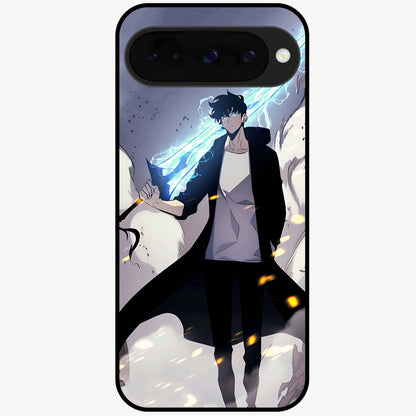 Dark Lightning Anime Warrior Glass Case showing flat back view with intense anime warrior artwork and glossy glass finish.