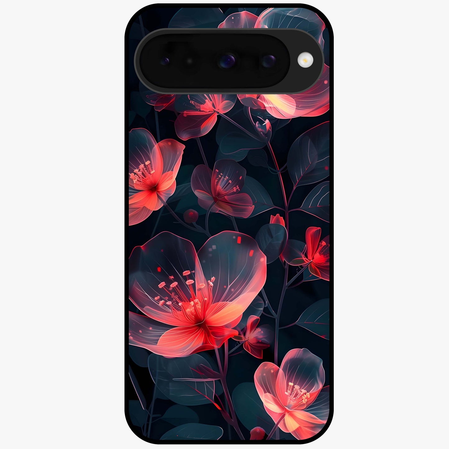 Dark Shade of Flower Glass Case showing flat back view with elegant dark floral artwork and glossy glass finish.