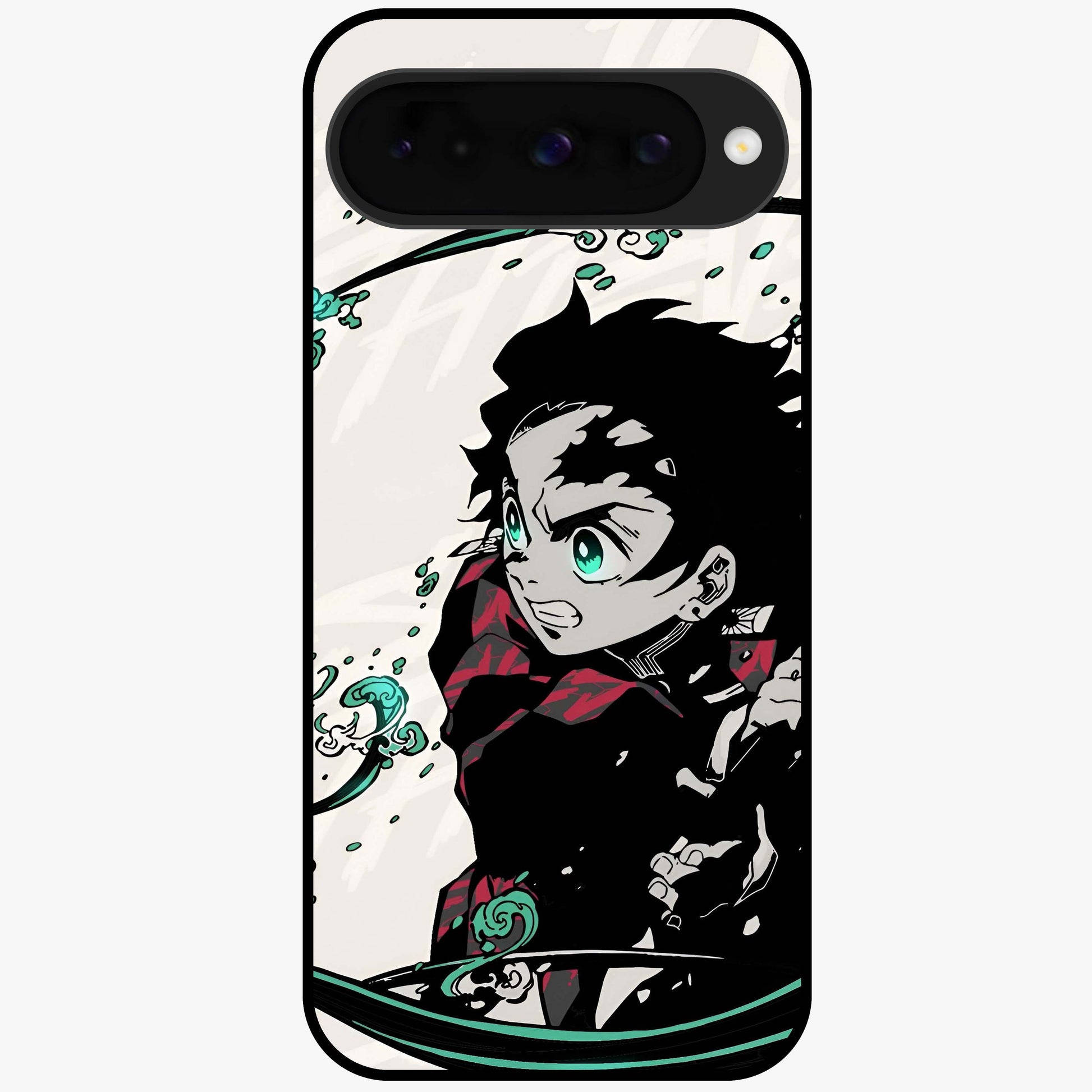 Demon Slayer Glass Case showing flat back view with bold anime inspired artwork and glossy glass finish.