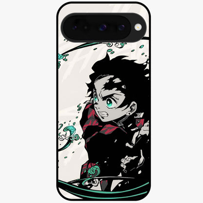 Demon Slayer Glass Case showing flat back view with bold anime inspired artwork and glossy glass finish.