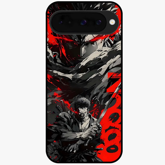 Demon Sword Resolve Glass Case showing flat back view with fierce sword warrior artwork and glossy glass finish.