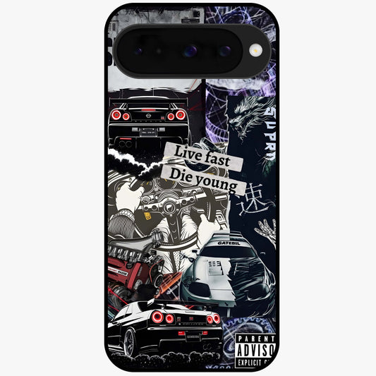 Die Young Glass Case showing flat back view with bold artistic typography design and glossy glass finish.