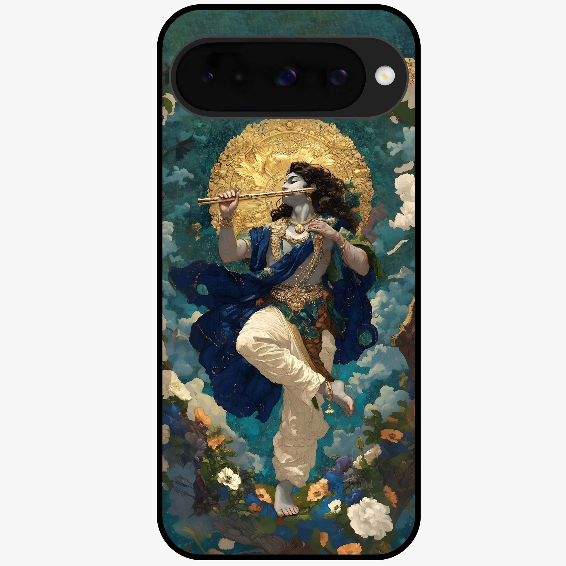 Divine Krishna Art Glass Case showing flat back view with Lord Krishna artwork and glossy glass finish.