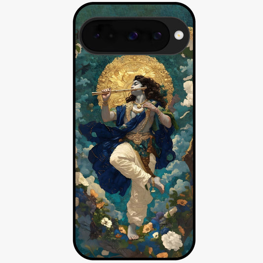 Divine Krishna Art Glass Case showing flat back view with Lord Krishna artwork and glossy glass finish.